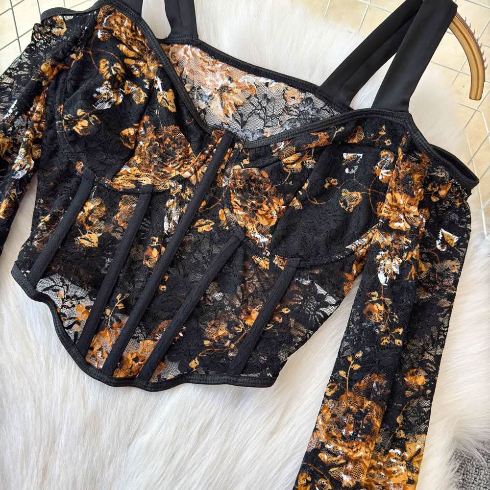 Long sleeve off shoulder flower print lace bustier top