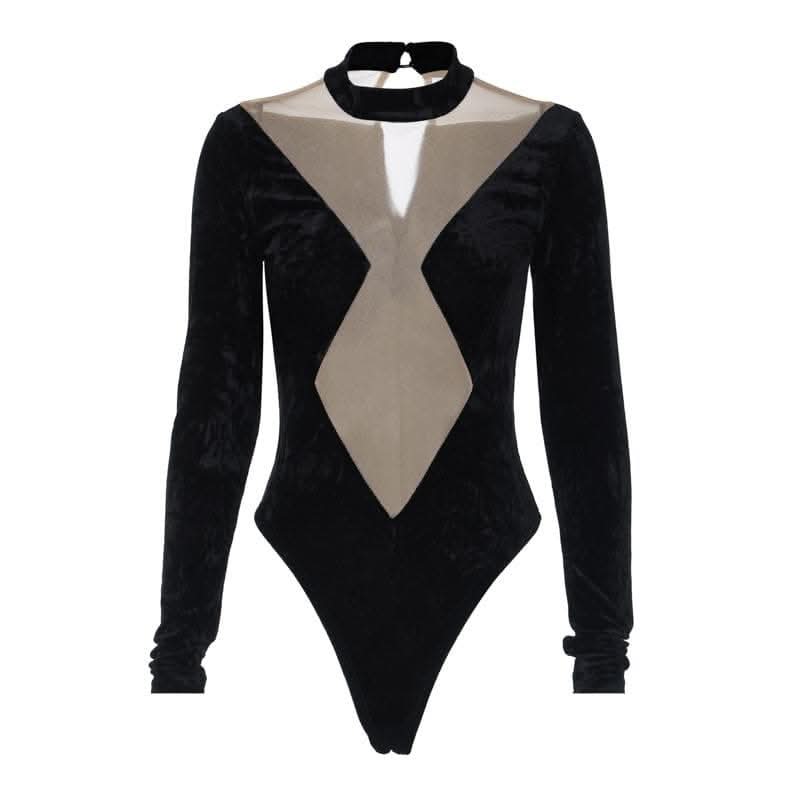 Long sleeve velvet high neck mesh patchwork button bodysuit-final-sale