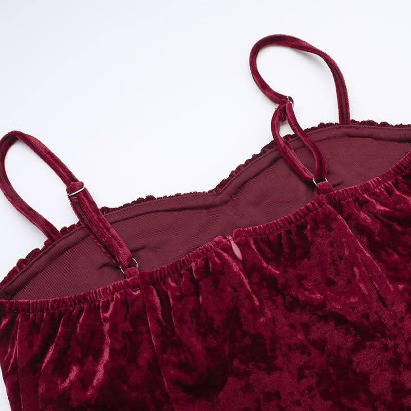 Sweetheart neck velvet flower applique slit cami maxi dress