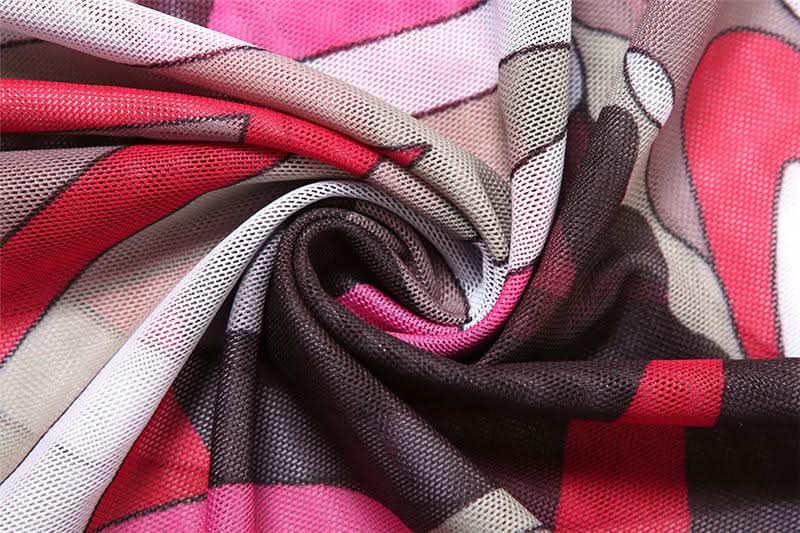 Long sleeve ruffle abstract mesh maxi dress