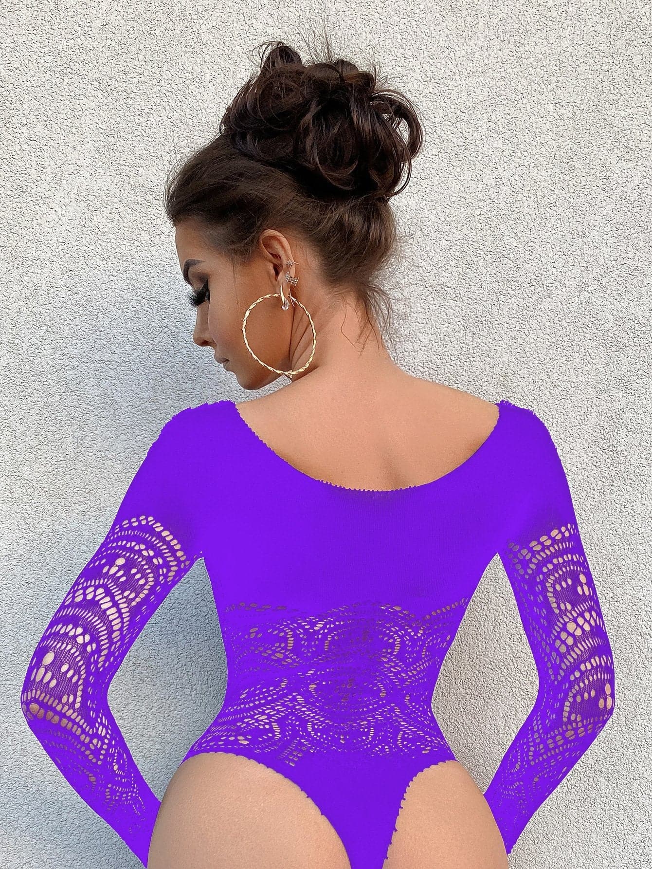 Long sleeve sheer lace see through bodysuit