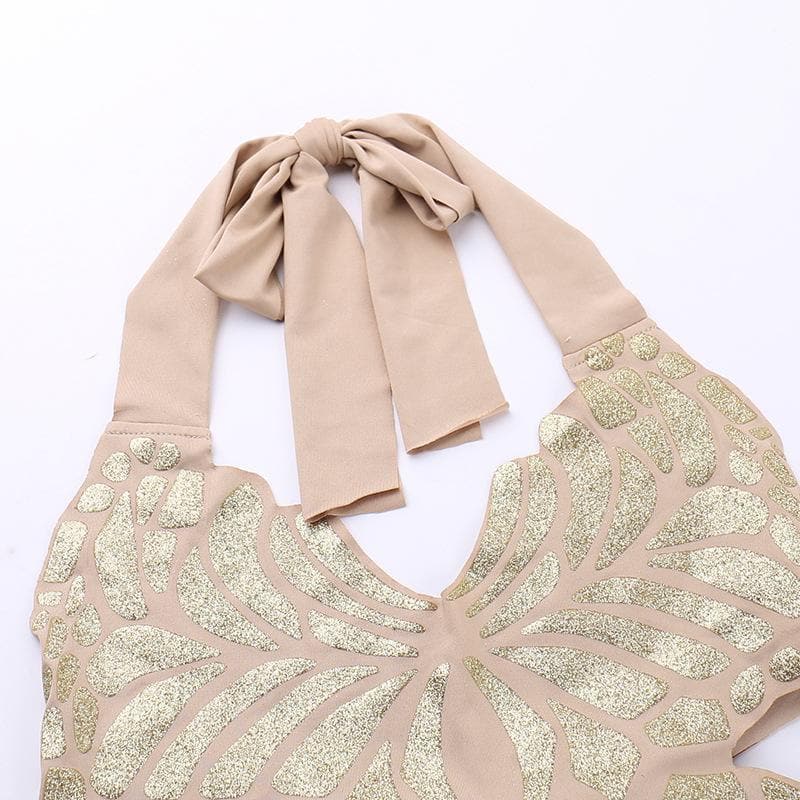 Butterfly pattern halter metallic self tie backless crop top