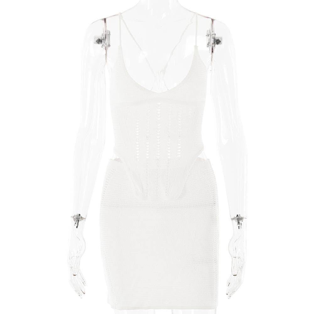 V neck knitted cross back backless cami mini skirt set