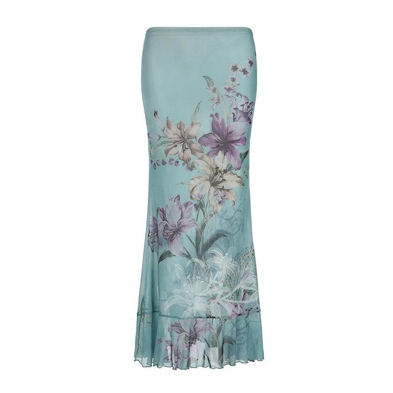 Ruched ruffle cowl neck flower print mesh maxi skirt set