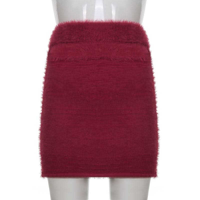 Fluffy solid hollow out cut out mini skirt