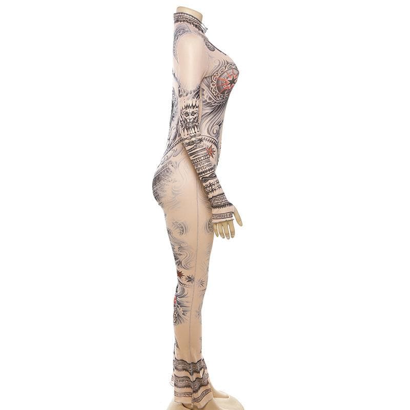 Sheer mesh abstract contrast see through long sleeve high neck jumpsuit