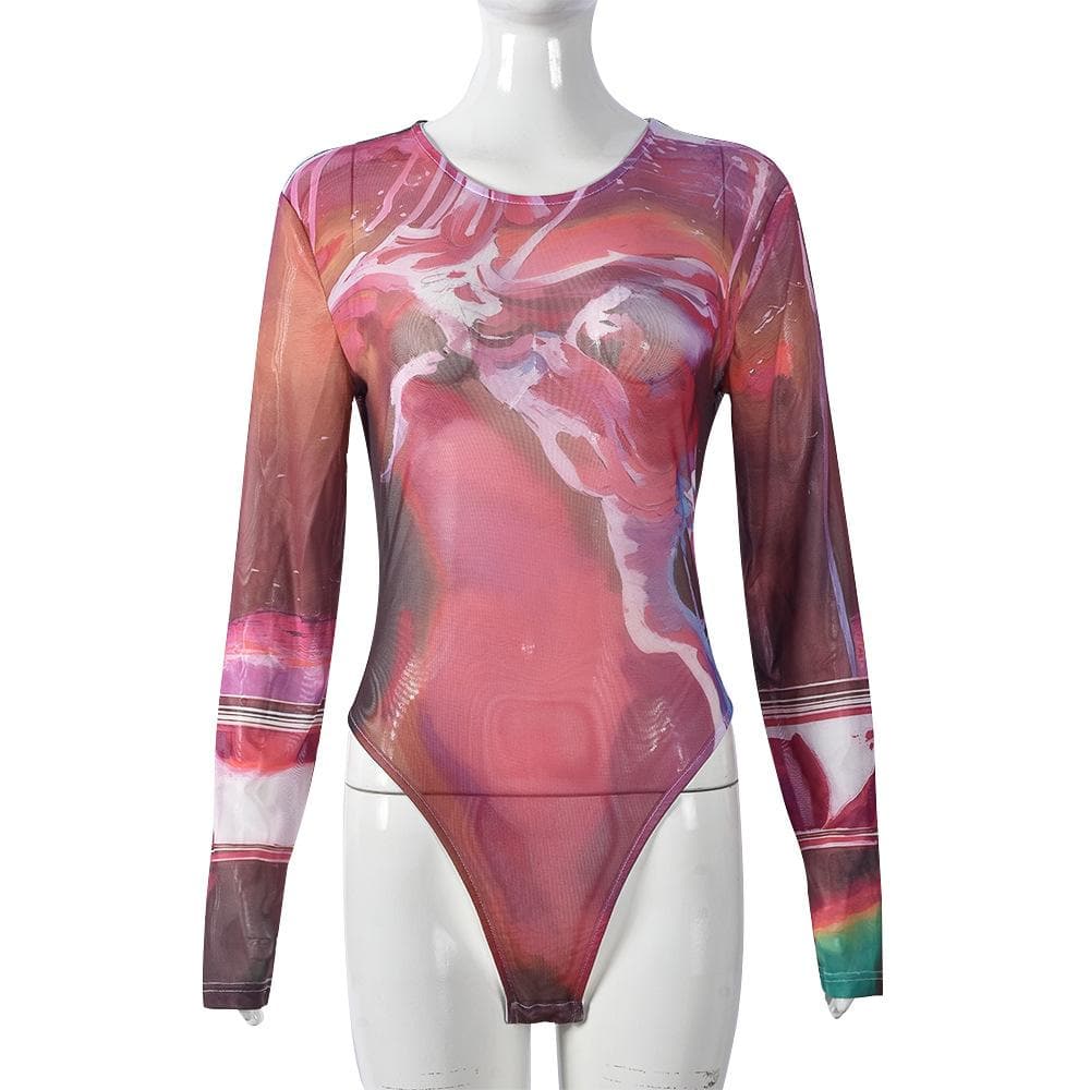 Long sleeve sheer mesh crewneck print bodysuit