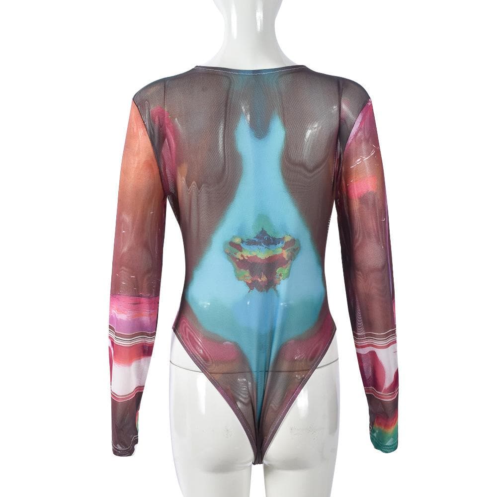 Long sleeve sheer mesh crewneck print bodysuit