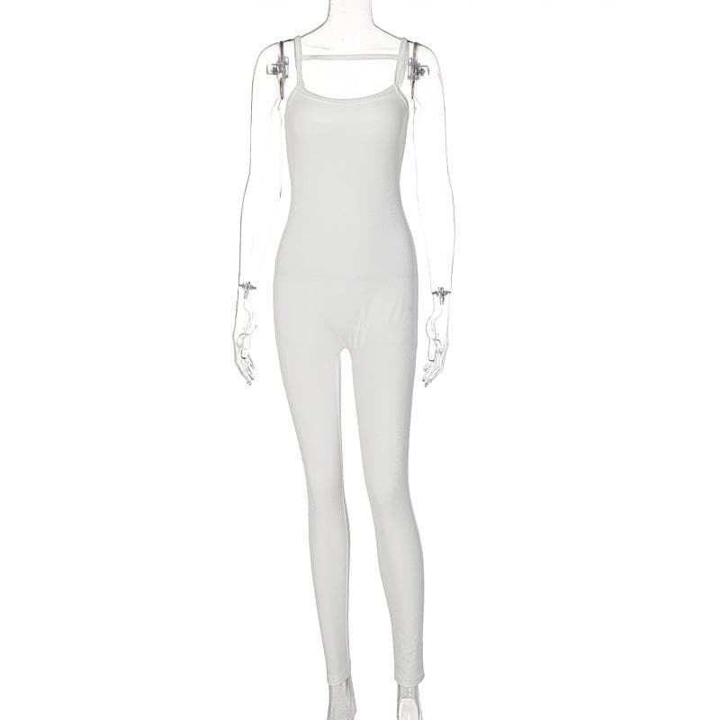Solid ribbed u neck backless cami jumpsuit
