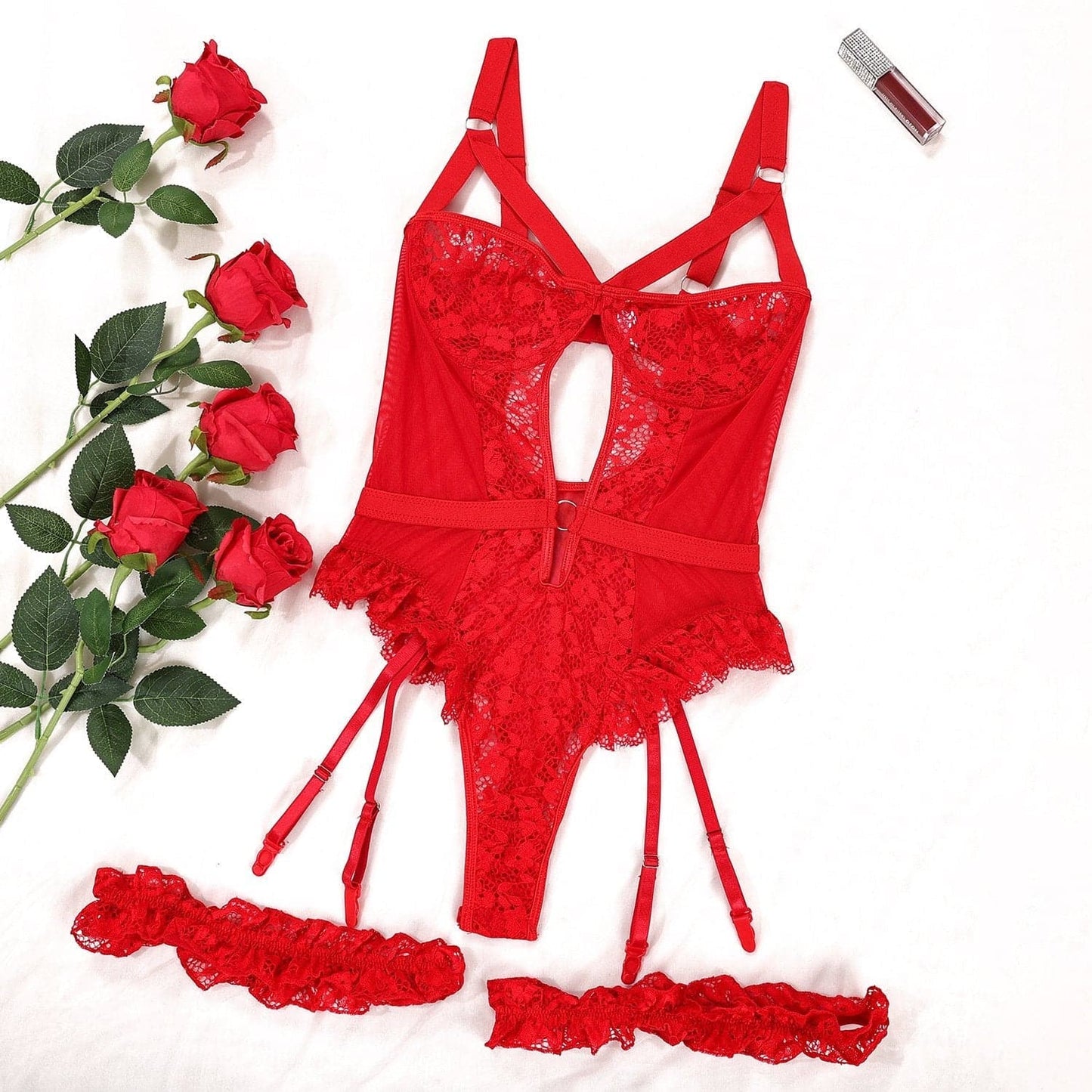 O ring lace garter hollow out bodysuit