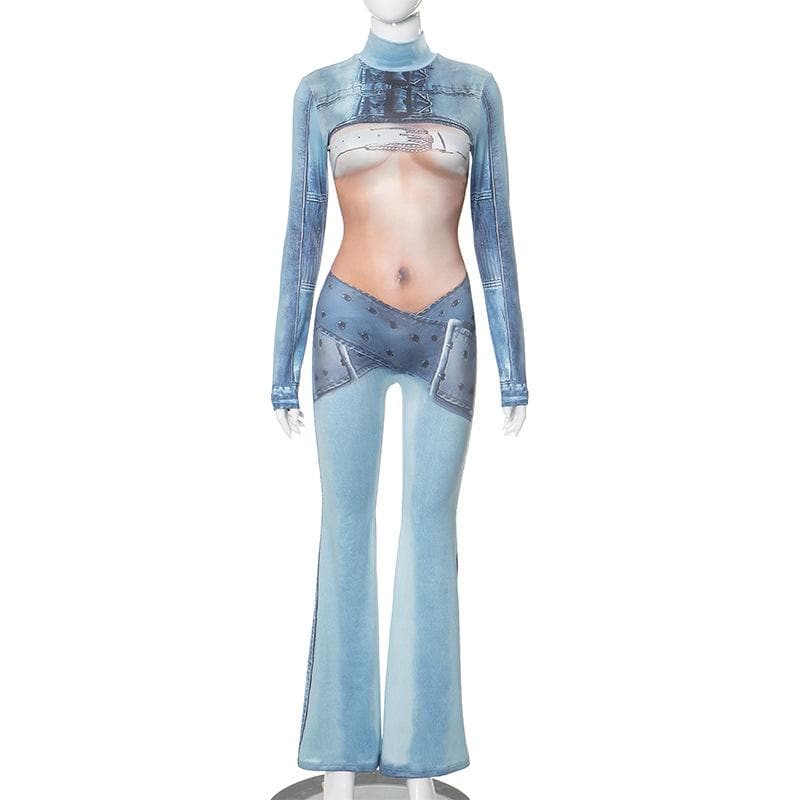 Long sleeve high neck body print zip-up contrast jumpsuit