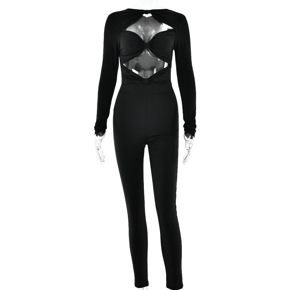 Long sleeve hollow out ruched solid jumpsuit