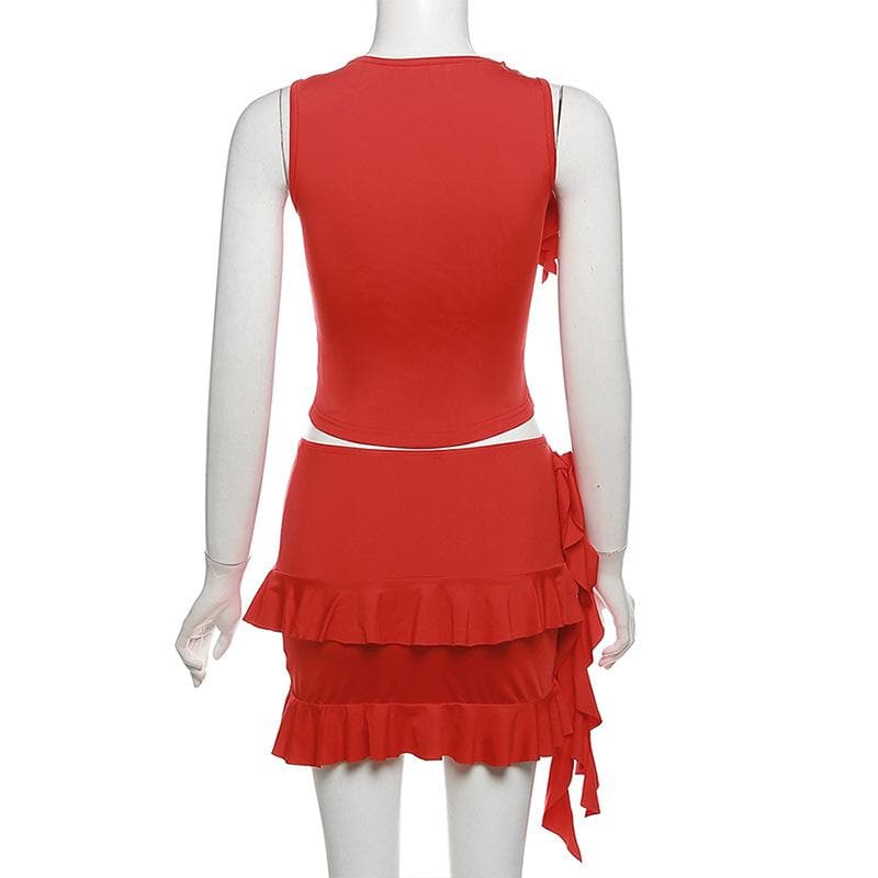 Crewneck ruffle solid self tie mini skirt set