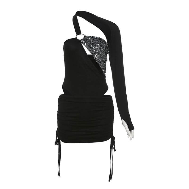 Irregular long sleeve gloves o ring glitter mini skirt set