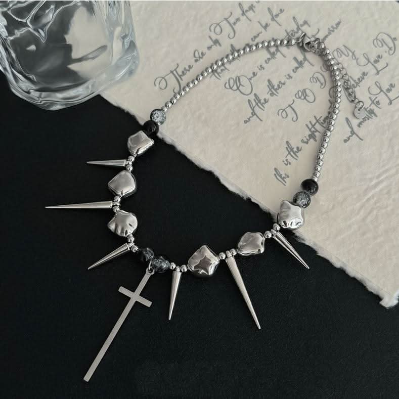 Silver cross rivet metal chain choker necklace
