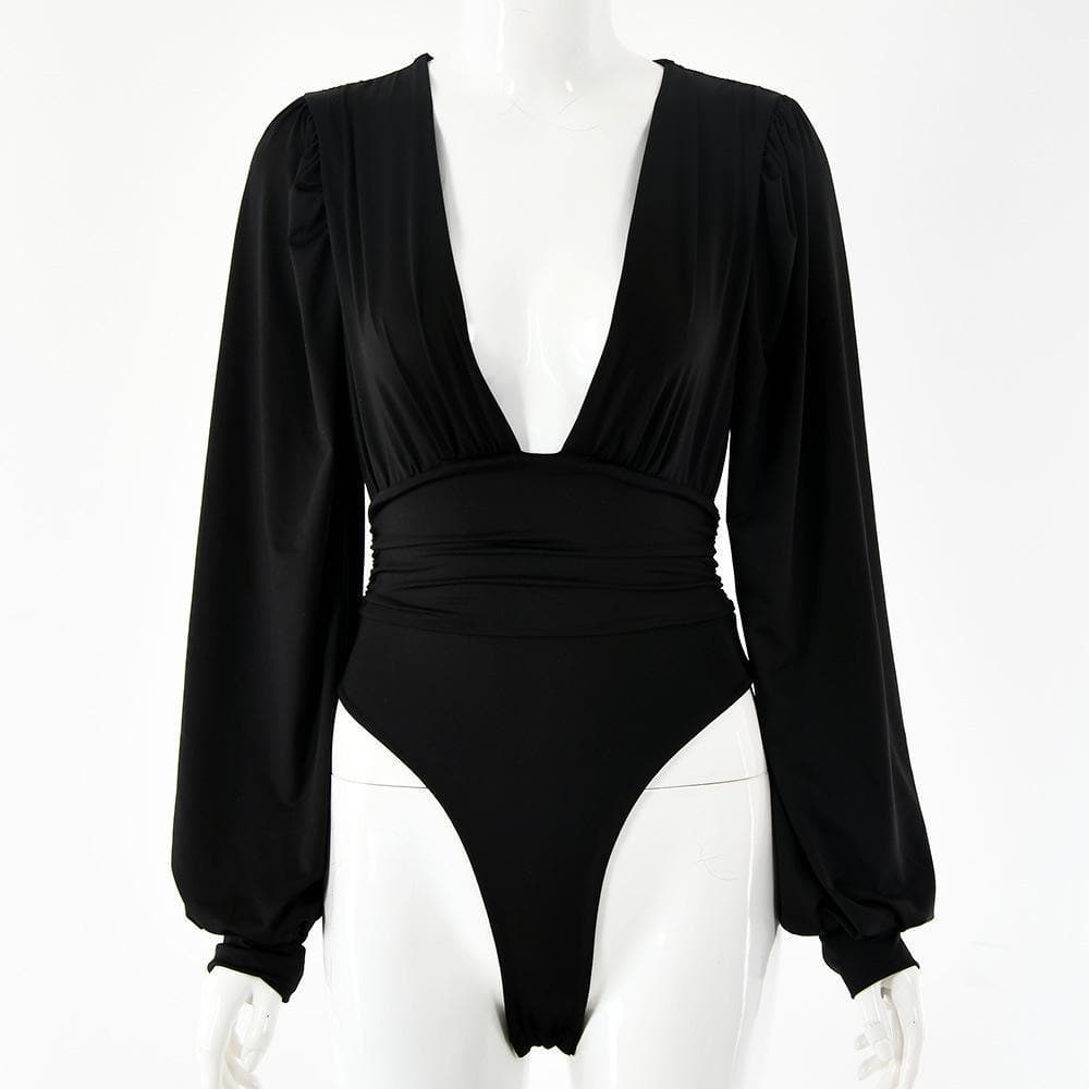 Halibuy Double layered deep v neck ruched solid bodysuit - Final Sale