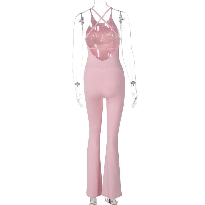 U neck cross back solid backless cami jumpsuit