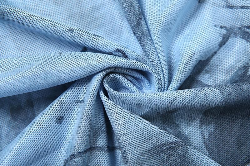 Long sleeve sheer mesh v neck print maxi dress