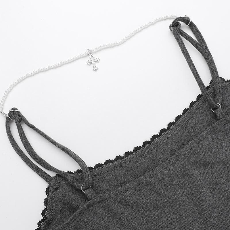 Print lace hem beaded backless cami top