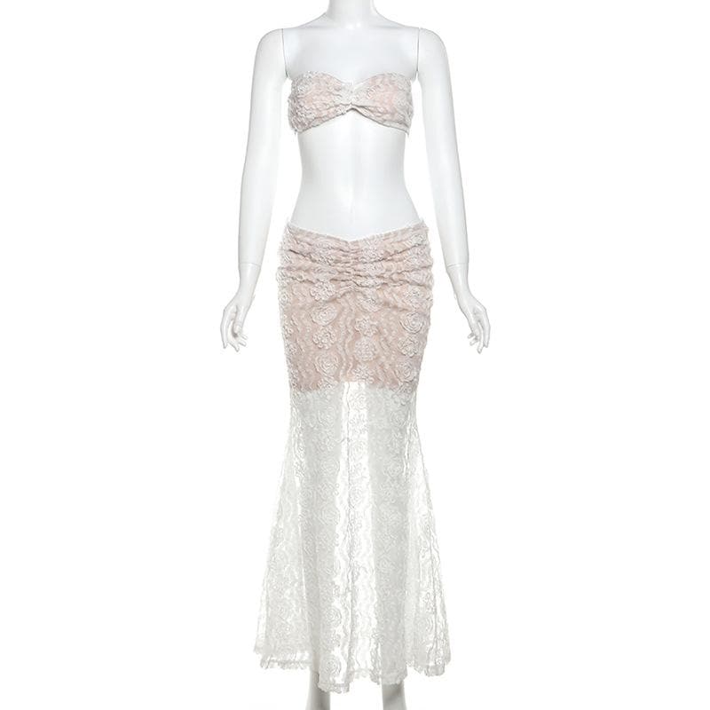 Ruched mesh tube maxi skirt set