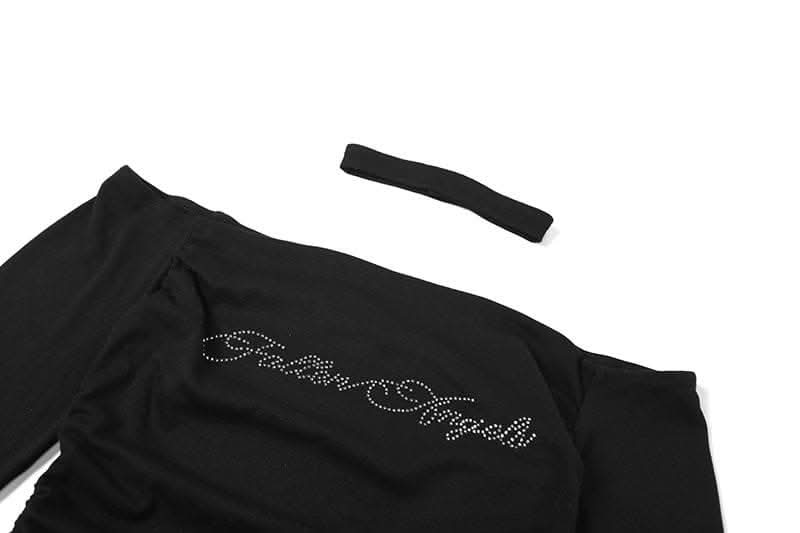 Beaded off shoulder drawstring choker long sleeve top-final-sale