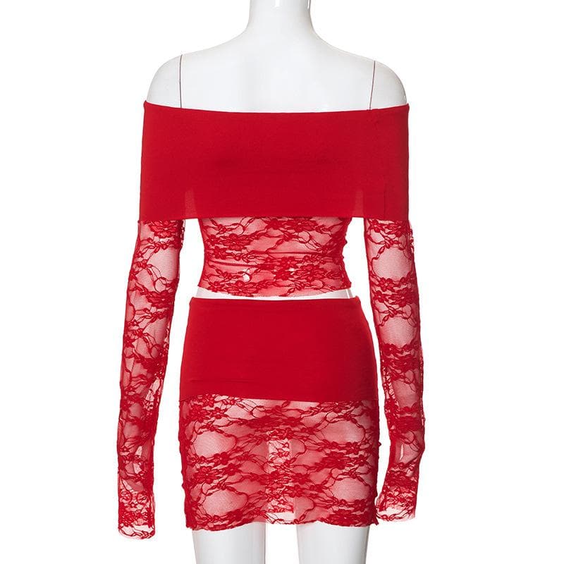 Long sleeve off shoulder lace see through mini skirt set