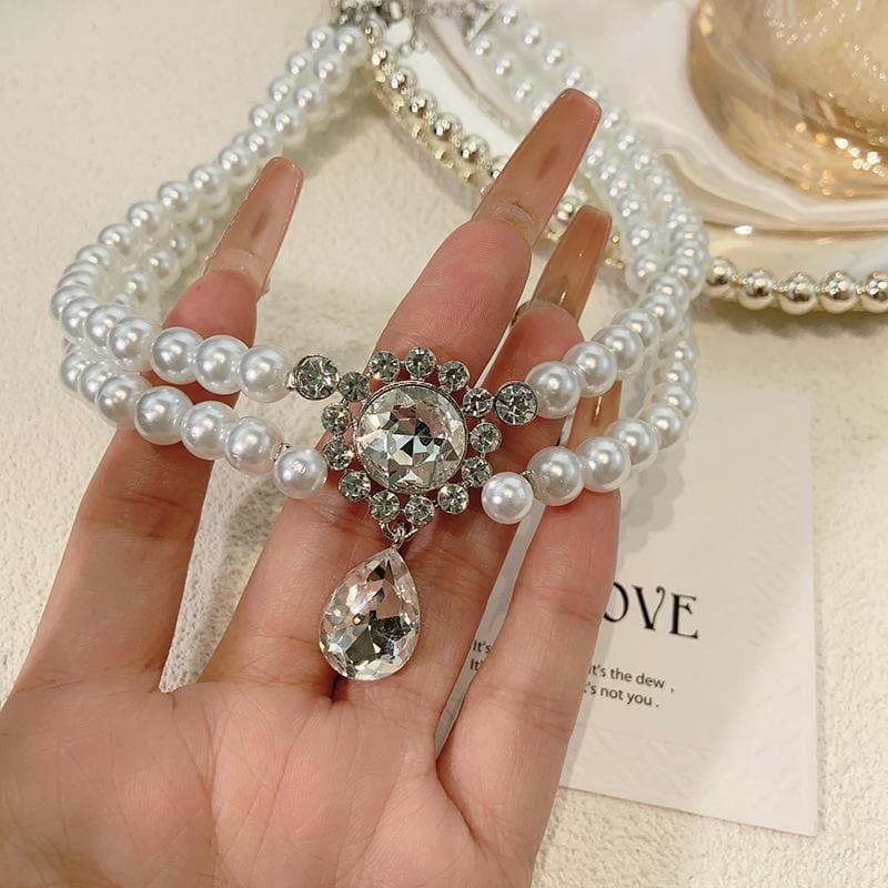 Layered rhinestone faux pearl choker necklace