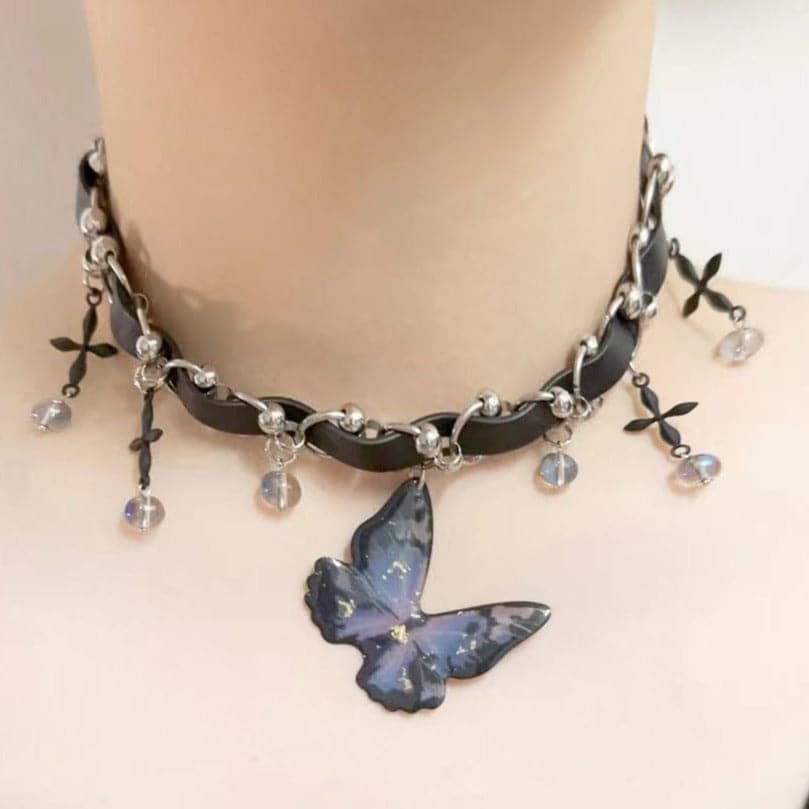 Butterfly PU leather beaded cross choker necklace