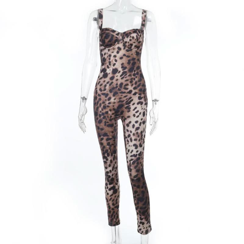 Leopard print v neck backless tank jumpsuit