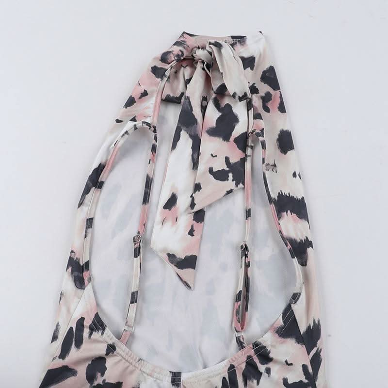 Leopard print high neck backless maxi dress