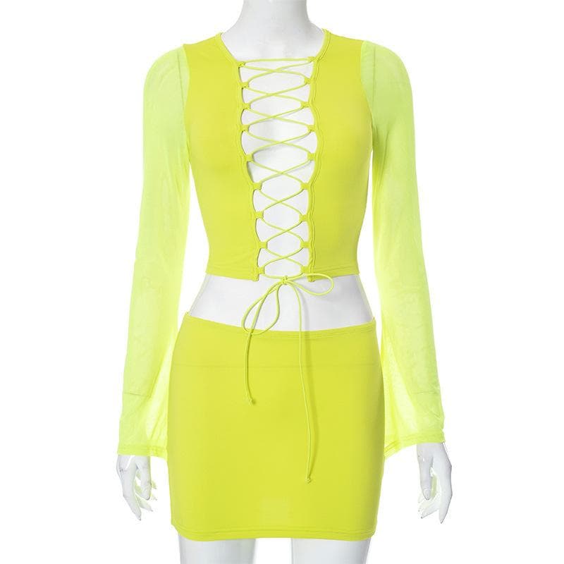 Long sleeve hollow out lace up mesh mini skirt set