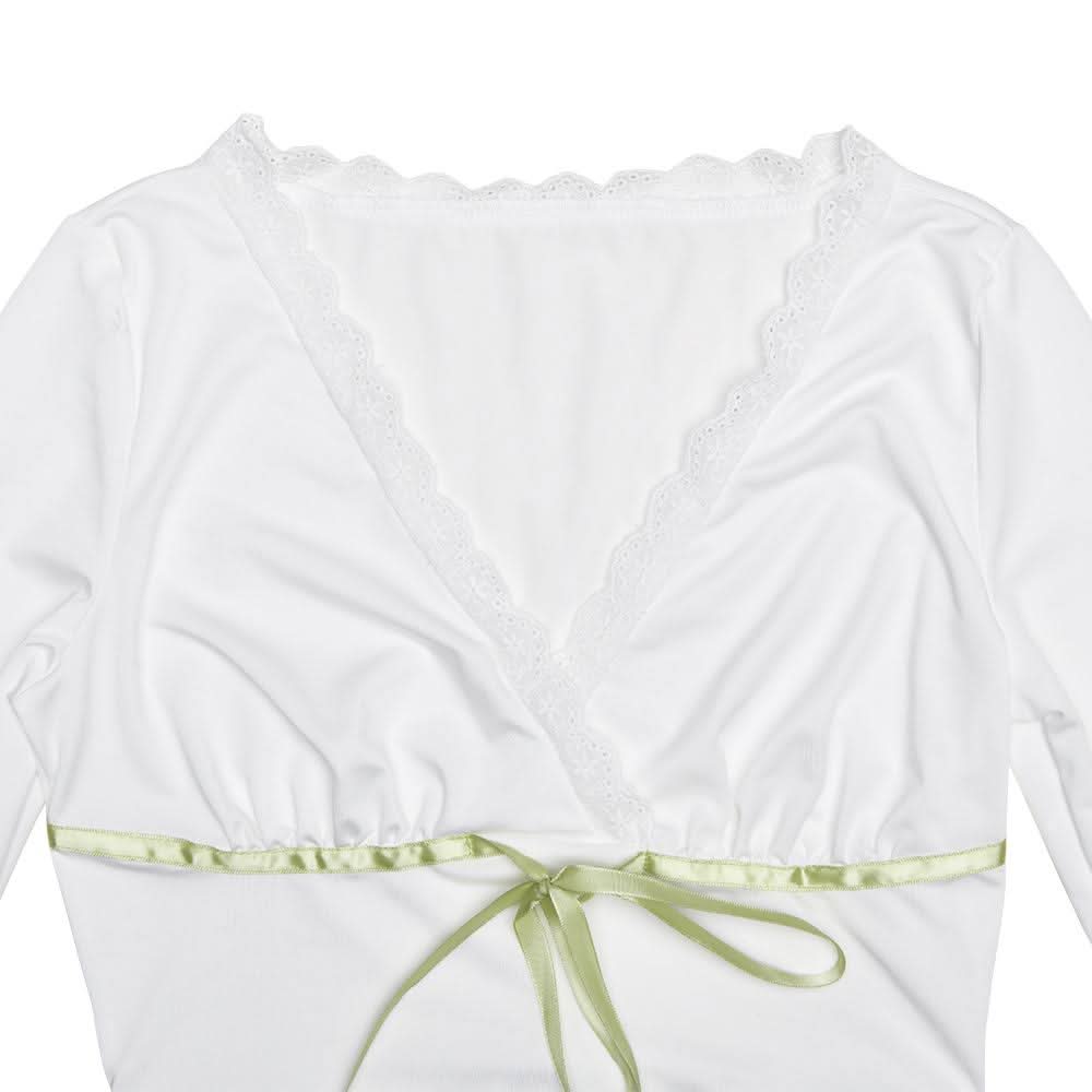 Lace hem long sleeve v neck ribbon ruched top