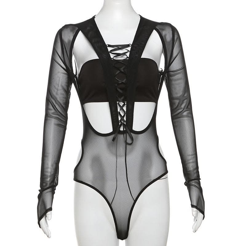 Long sleeve gloves lace up mesh hollow out bodysuit-final-sale