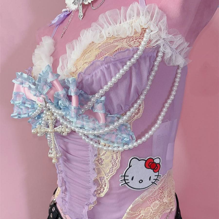 Bowknot beaded "Hello Kitty" pattern mesh cami top