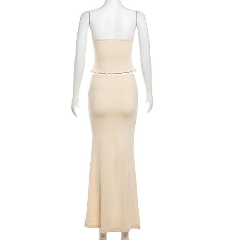 Ruffle slit self tie solid tube maxi skirt set
