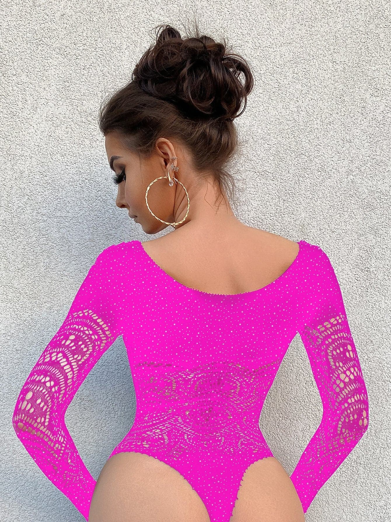 Long sleeve net rhinestone backless bodysuit