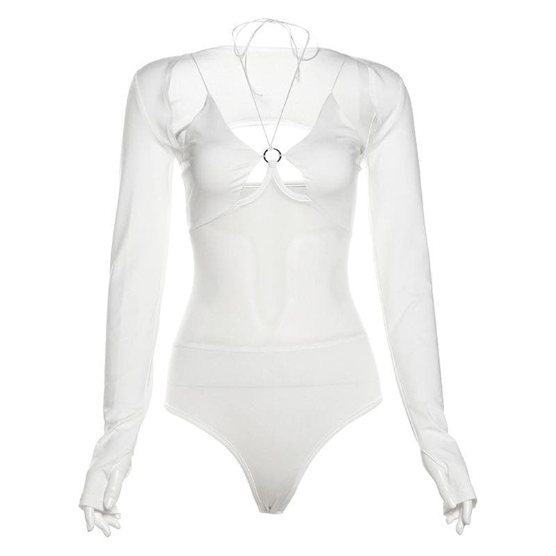 Long sleeve gloves o ring hollow out shrug 2 piece bodysuit