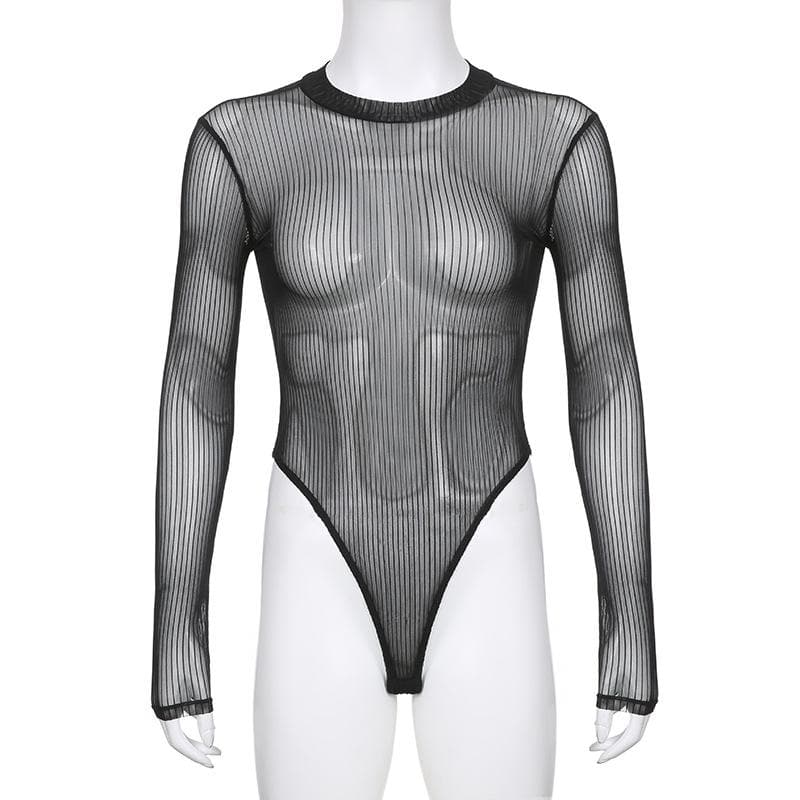 Long sleeve sheer mesh striped bodysuit