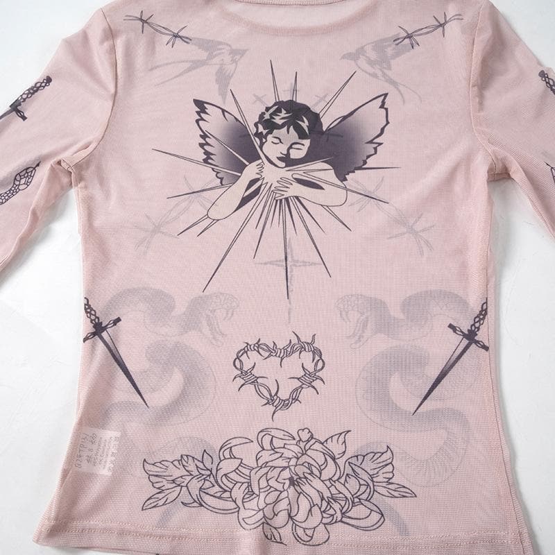 Long sleeve angel print sheer mesh crewneck top
