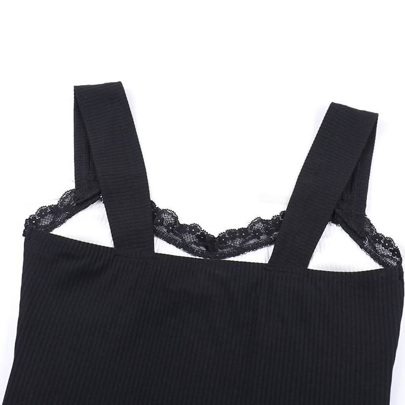 Bowknot v neck lace hem ribbed tank top