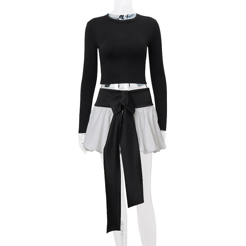 Long sleeve crewneck bowknot lace up ribbon ruched mini skirt set
