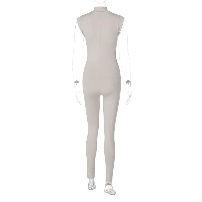 Cap sleeve zip-up high neck solid jumpsuit