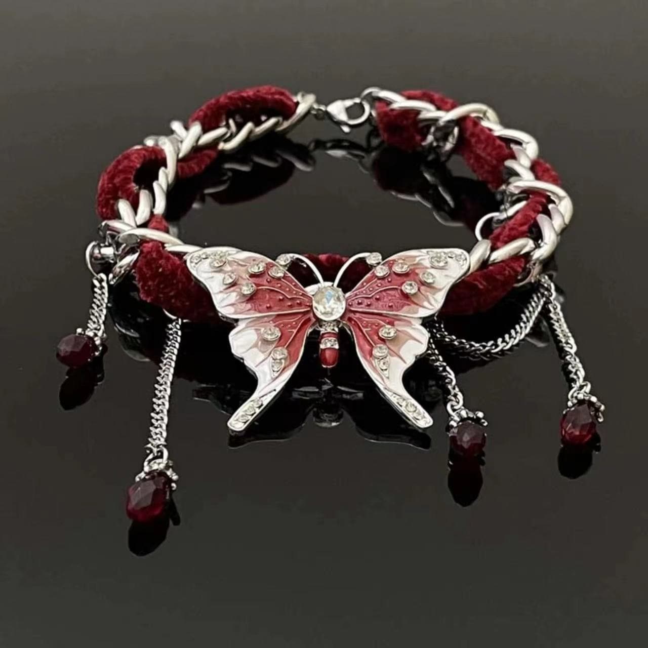 Red butterfly pendant fluffy choker necklace
