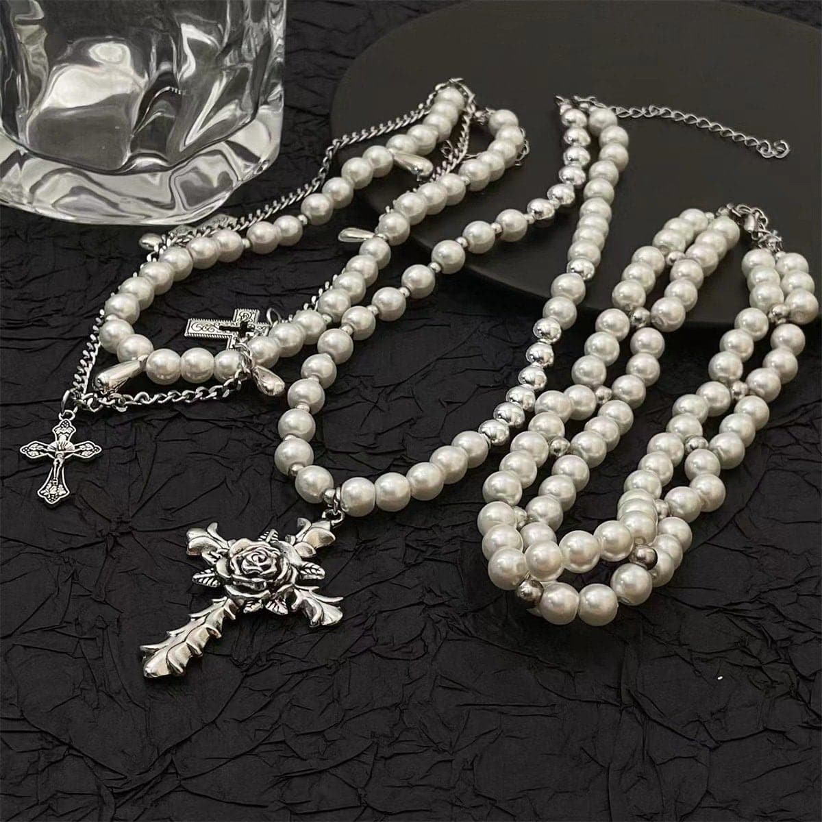 Faux pearl cross rose 3 pcs necklace