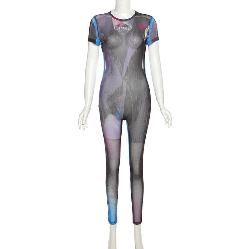 Sheer mesh see through contrast short sleeve self tie backless jumpsuit-final-sale