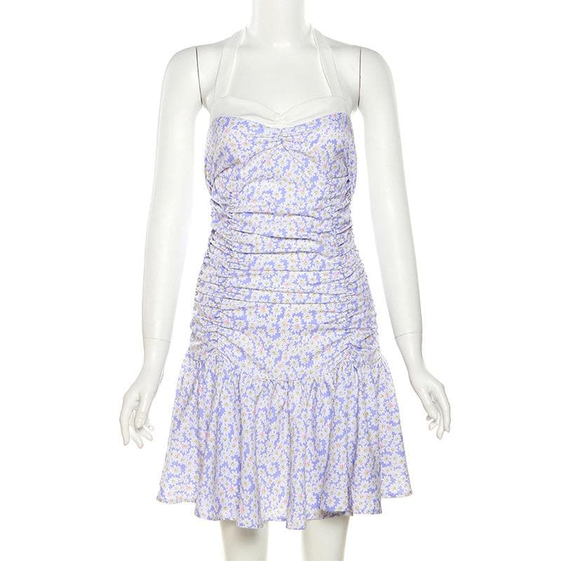 Halter Sweetheart Neck Ruched Ditsy Floral Ruffle Skirt Mini Dress