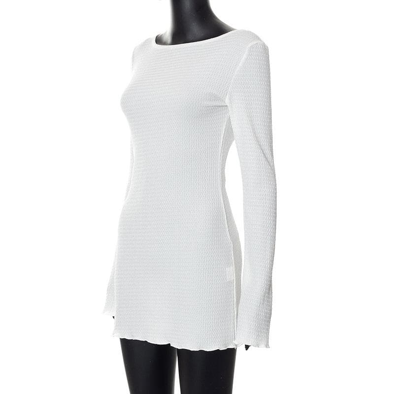 Boat Neck Long Sleeve Crinkled Texture Self Tie Backless Mini Dress