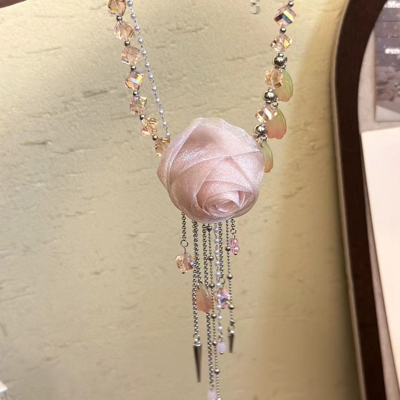 Pink flower decor tassels choker necklace
