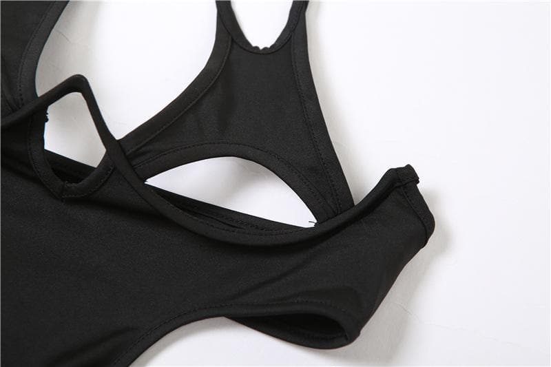Halter self tie hollow out low cut backless mesh bodysuit pant set-final-sale