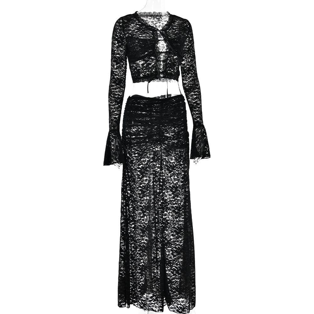 Long flared sleeve lace see through maxi skirt set